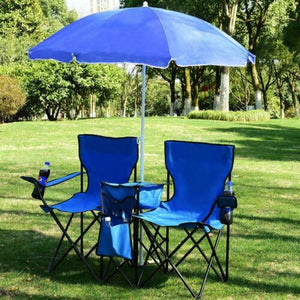 Camping Portable Outdoor 2-Seat Folding Chair with Removable Sun Umbrella Blue